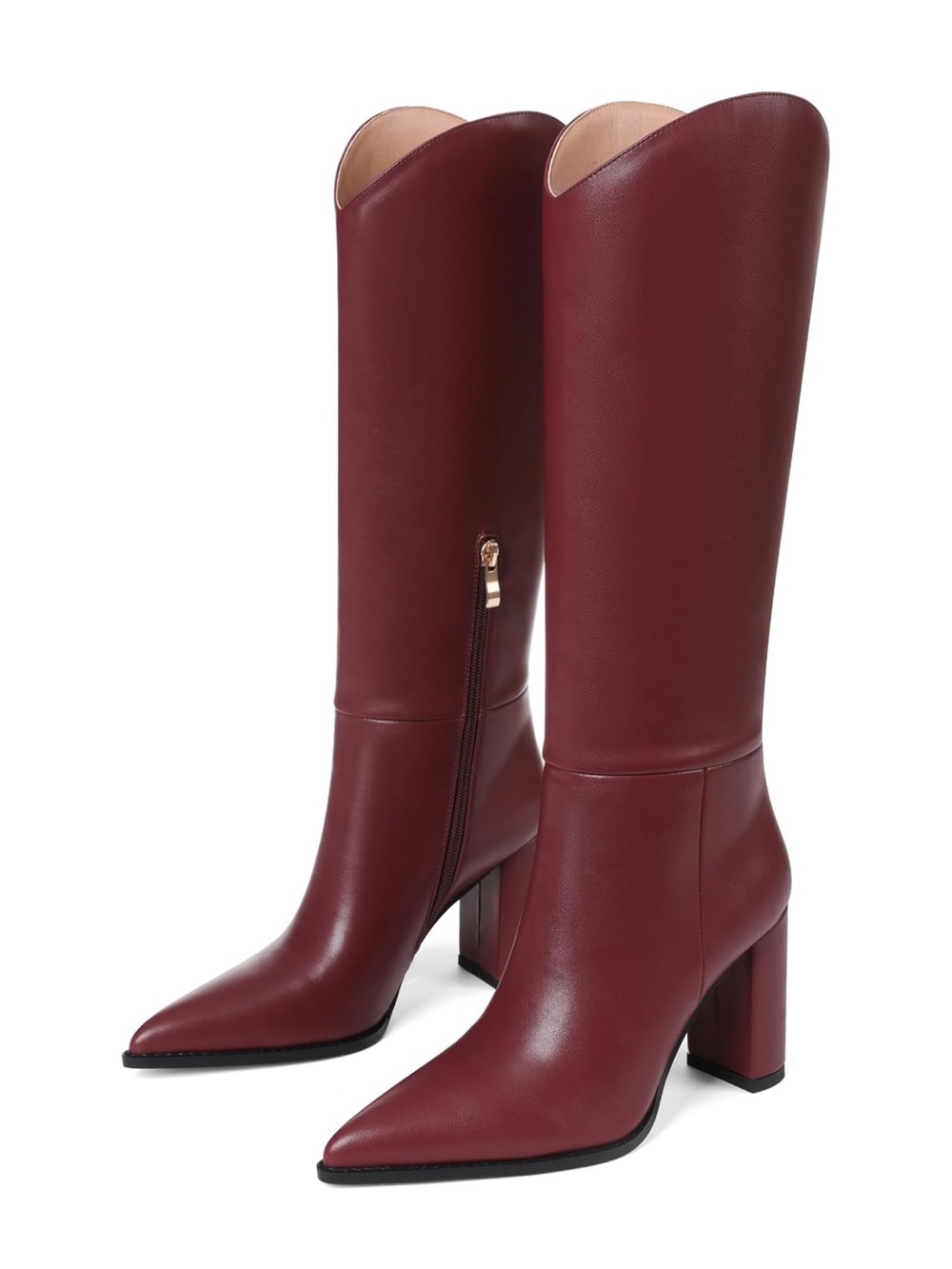 Women's Pointed-Toe Knee High Block Heel Boots in Burgundy